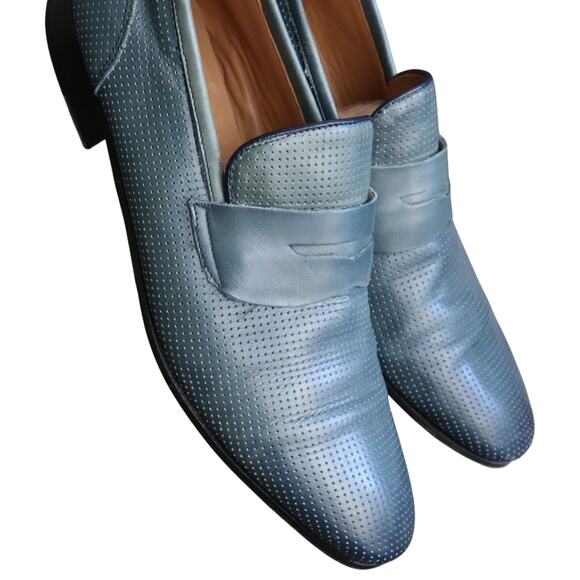 Wall + Water Dusty Blue Leather Penny Loafers Vero Cuoio Italy Mens 9 Perforated - Picture 1 of 7